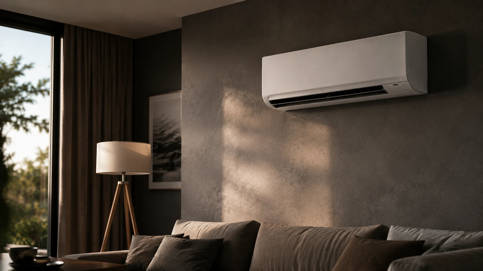Unitate interioară aer condiționat montată pe perete în living modern minimalist, lumină de seară