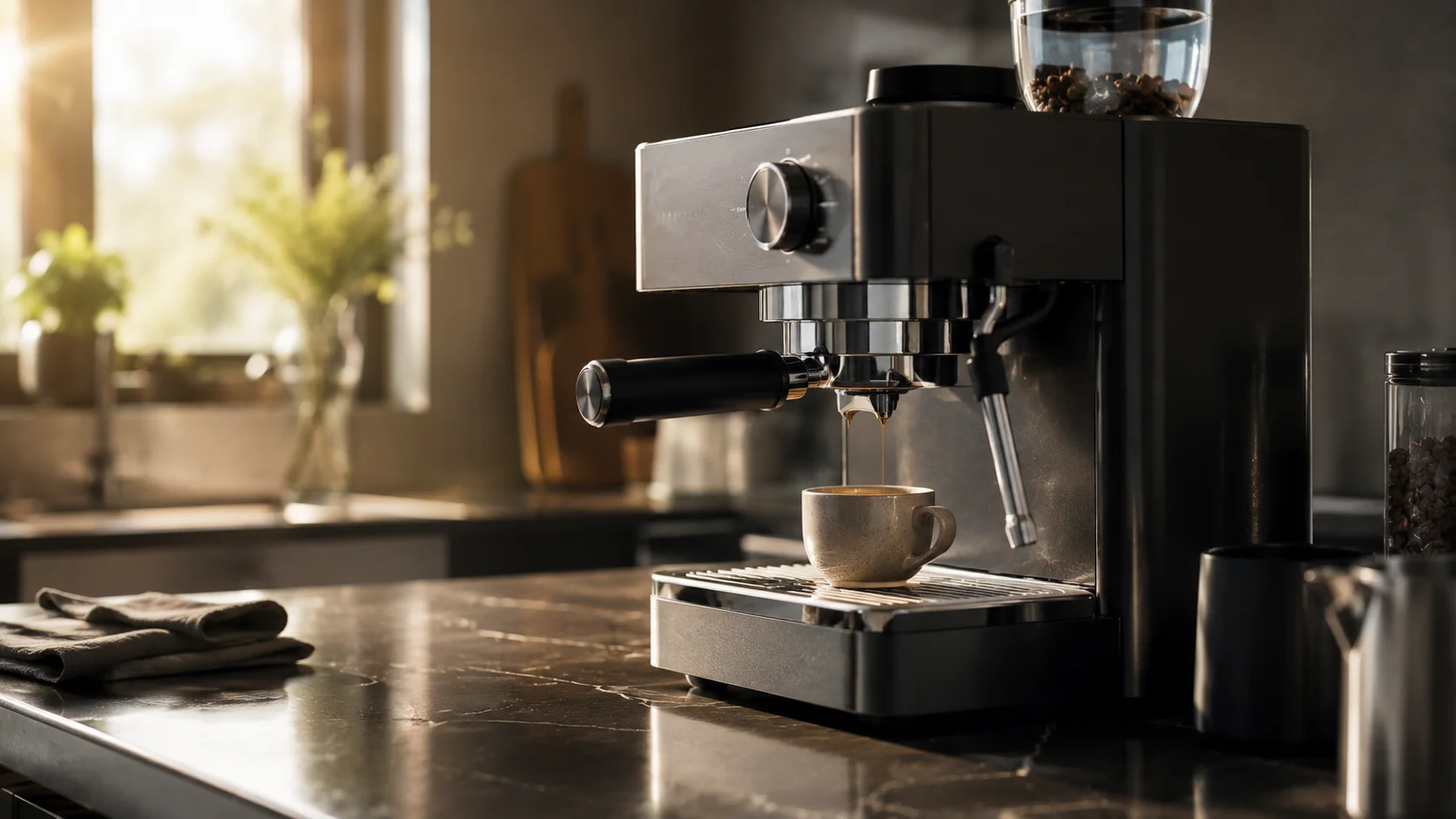 Espressor automat extrage espresso pe blat de marmură neagră, lumină naturală de dimineață