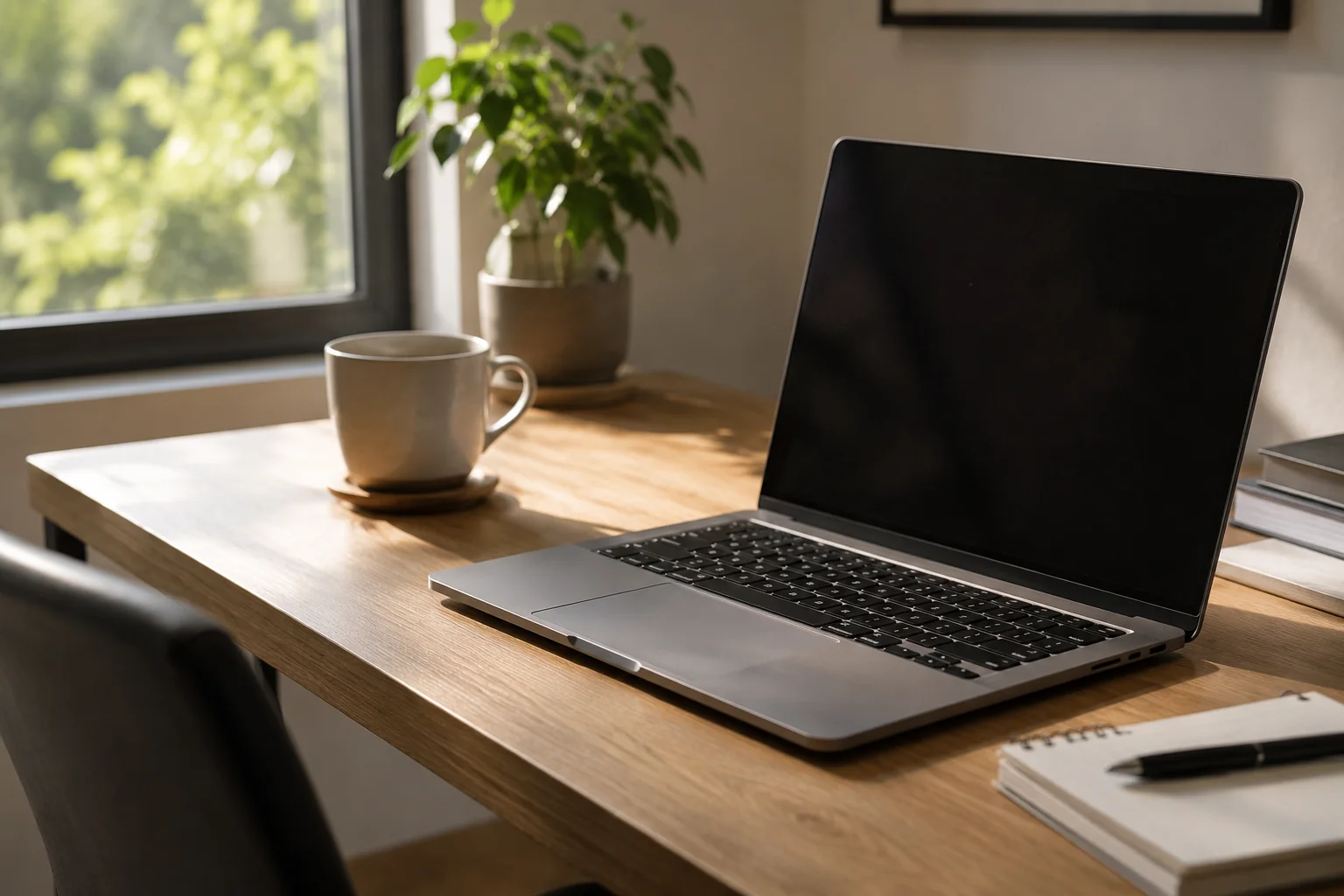 Laptop deschis pe birou de lemn cu lumină naturală, ceașcă de cafea și plantă în fundal