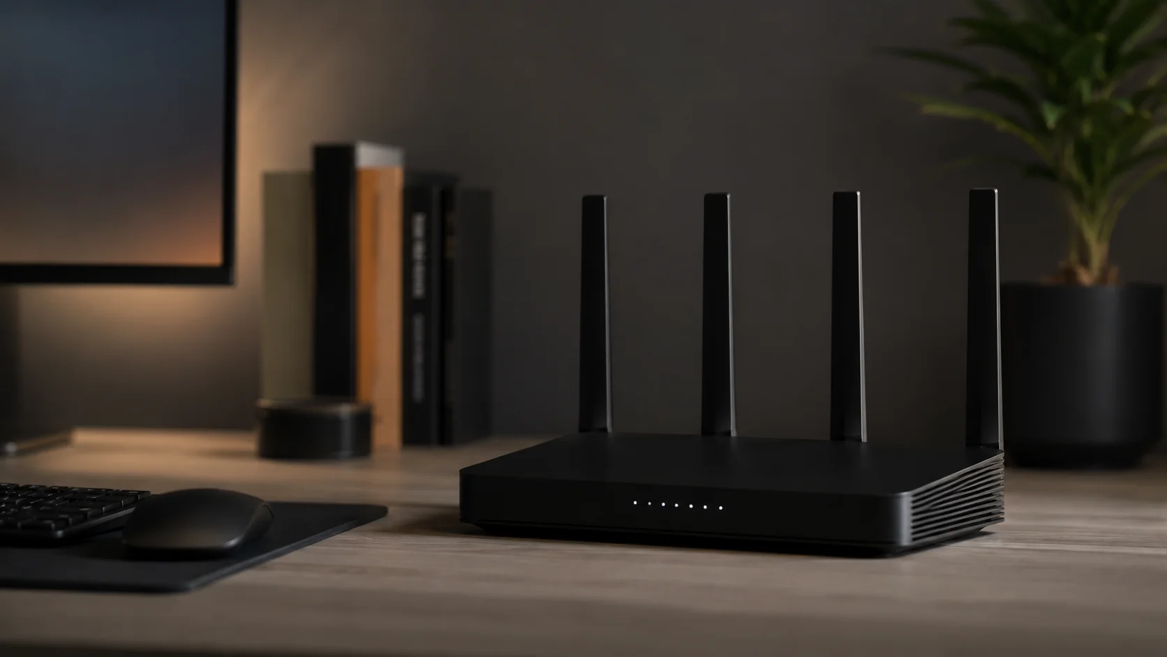 Router Wi-Fi negru cu antene pe birou de lemn, LED-uri albe subtile, lumină ambientală caldă