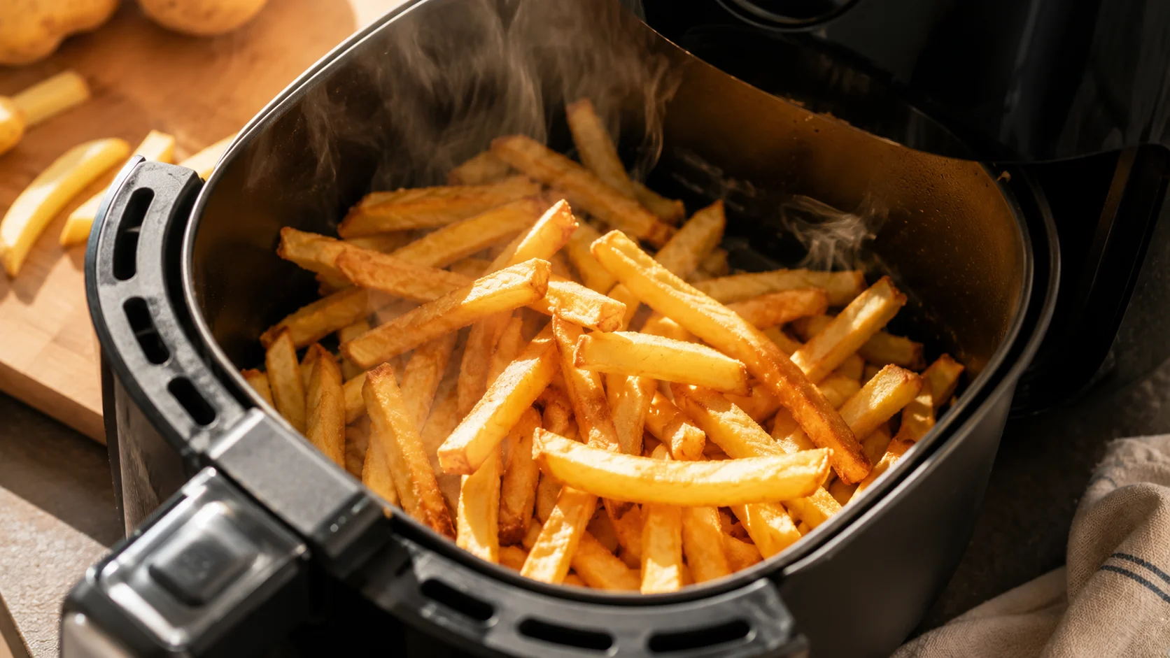Coș de friteuză cu aer cald plin cu cartofi prăjiți aurii și aburi, fundal bucătărie caldă