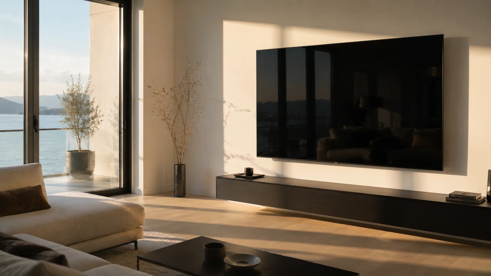 Televizor OLED montat pe perete în living minimalist cu vedere spre mare, lumină de după-amiază